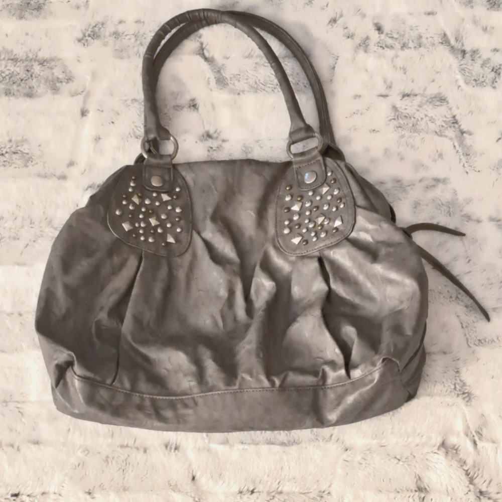 Gray Boho Ruched Cloud Shoulder Zip Vacation Faux Leather Bag. 16in X 12in.